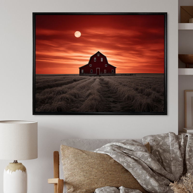 Paysage de grange au crépuscule III - reproduction, H 16 po x l 32 po x P 1 po, Cadre flottant noir