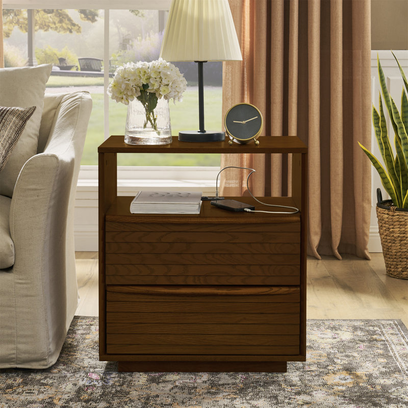 Table de chevet moderne Mid-Century avec station de charge et trou de sortie et 2 tiroirs en bois massif, Noyer brun