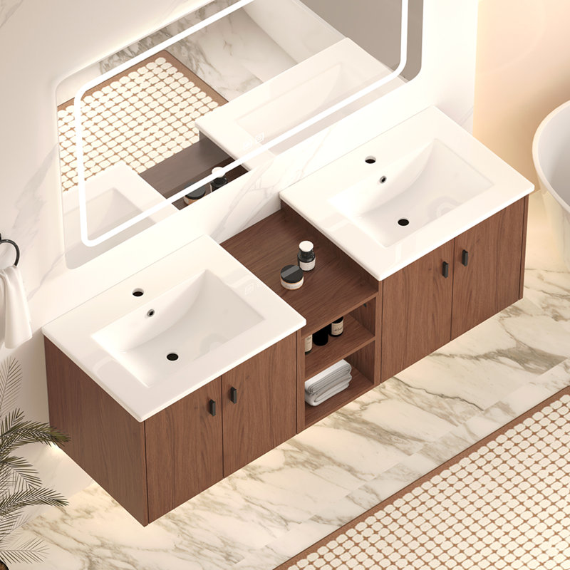 Meuble-lavabo 60 po à fermeture en douceur brun rougeâtre 60 po, petites tablettes de rangement, armoire combinée 24 po et 12 po