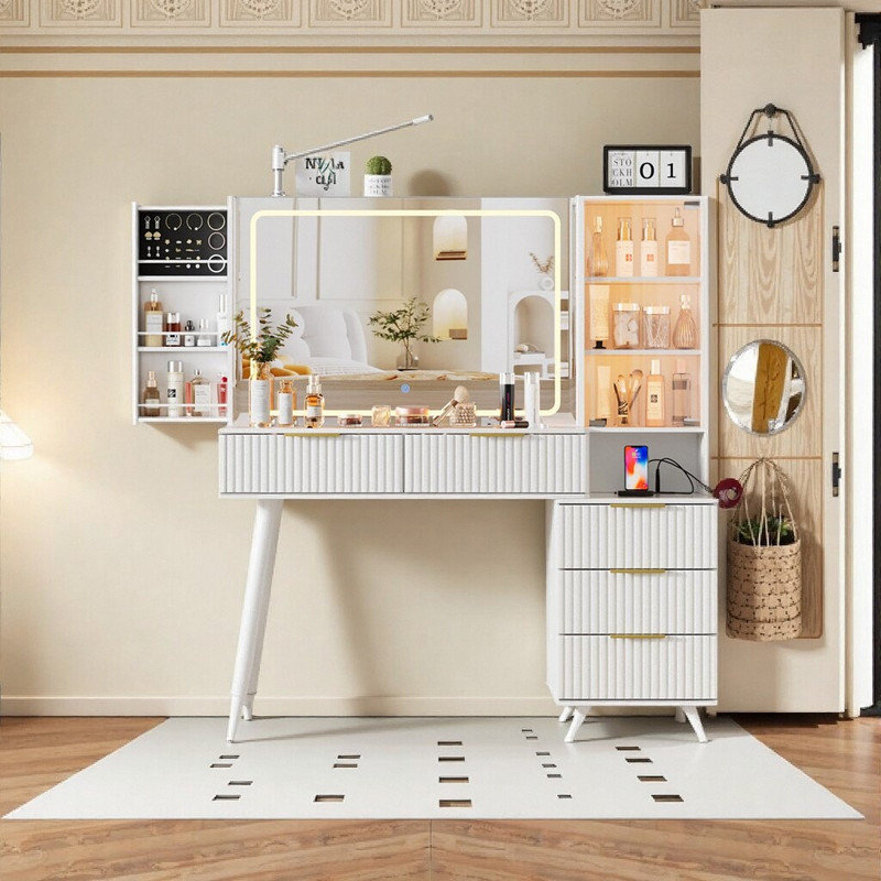 59 Inch Glass Top Vanity Desk with LED Mirror, 11 Drawer Dressing Table and Stool Set