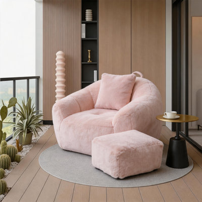 Fauteuil à billes géant en fausse fourrure avec repose-pieds