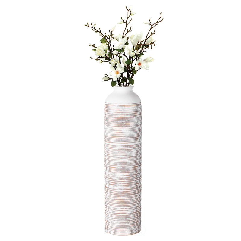 Vase de table moderne en forme de trompette à nervures pour salle à manger ou salon d'entrée, blanc céramique