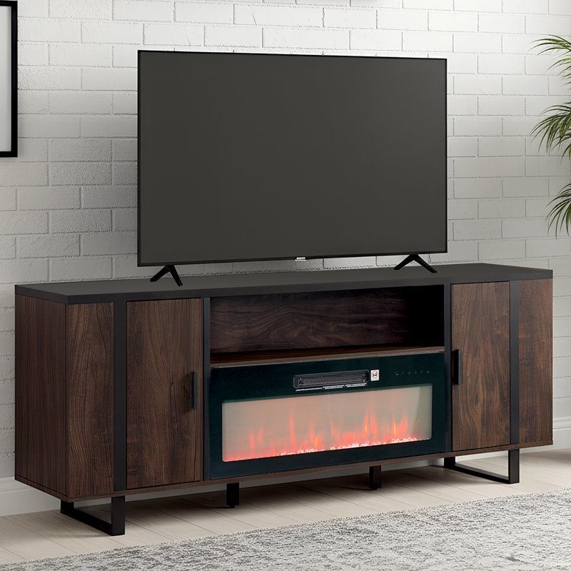 Modern Detachable Fireplace TV Stand, Dark Wood & Black, 183x39.5x76cm, Metal, Living & Media Room, Yes