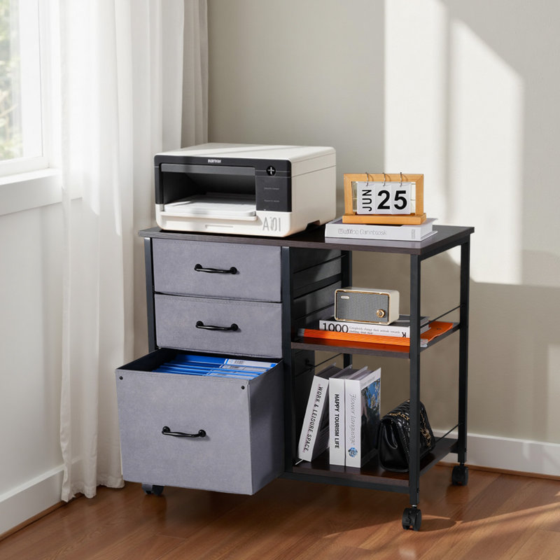 Mobile Metal File Cabinet With 3 Fabric Drawers And 2 Open Shelves, Gray