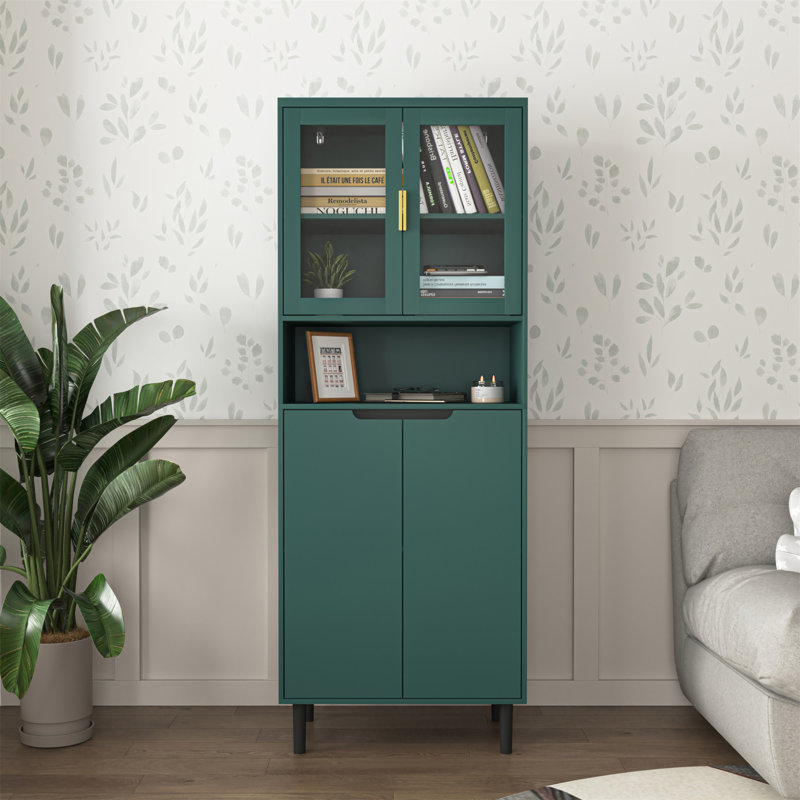 Modern Tempered Glass Door Tall Storage Bookcase with adjustable board, Green