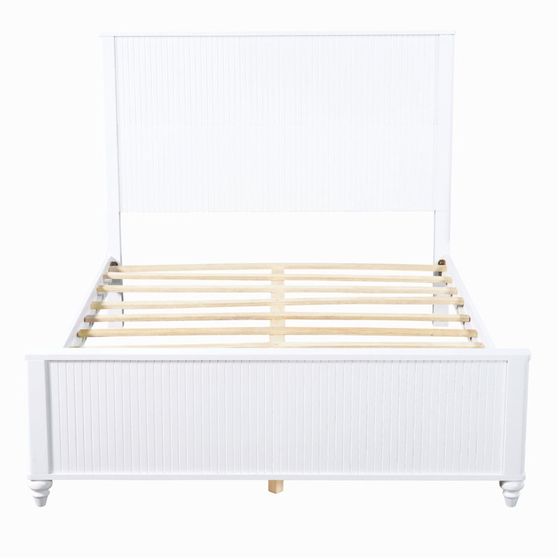 White Queen Size Bed Frame, Solid Wood & Mdf, Classic Design With Grooved Panels