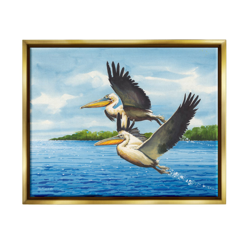 «Dovecove Splashing Pelicans Flying», art mural encadré par John Rossini, Cadre flottant métallique doré