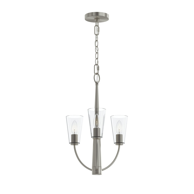 Lustre en nickel brossé à trois lumières avec abat-jour en verre transparent Jheni, 21" H x 14" W x 14" D, Nickel brossé