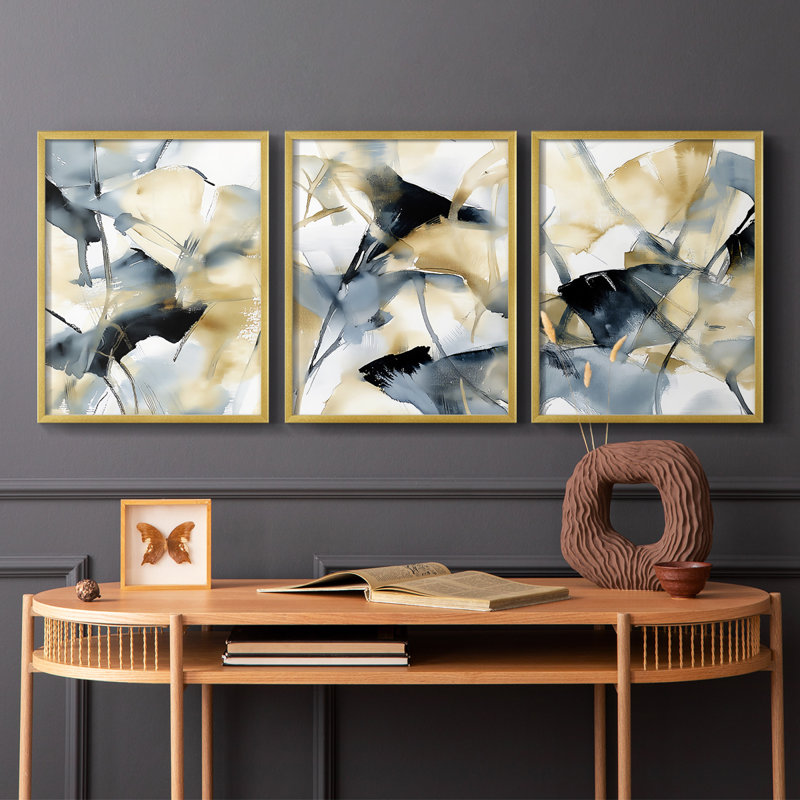 Étude florale CLxxvi -Set de 3 estampes numériques - Prêt à accrocher, H 20 po x l 48 po, Or