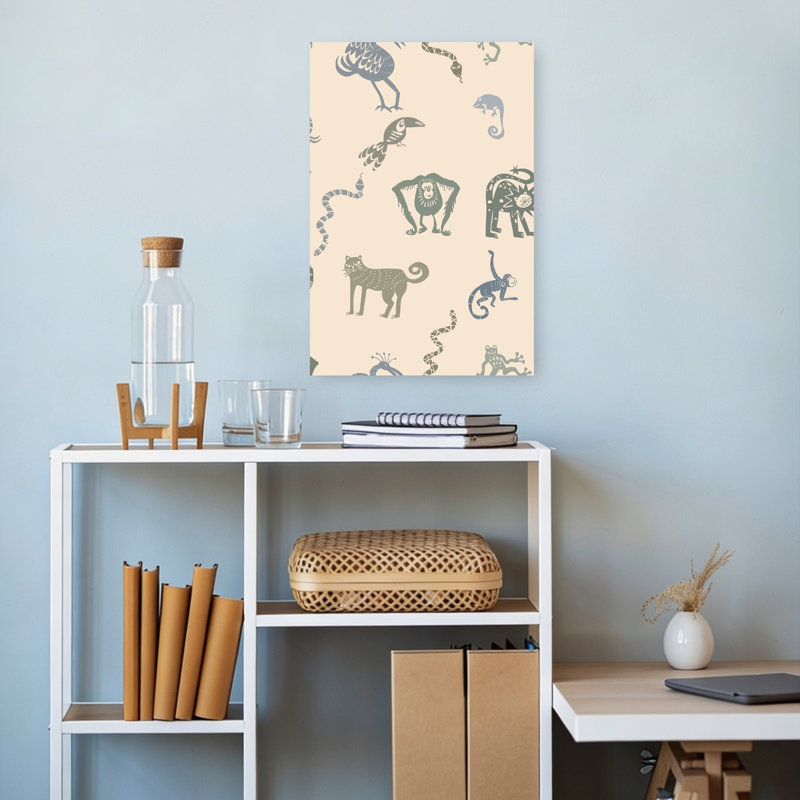 Jungle Animal Pattern Playful Whimsical Contemporary Bird Cat Elephant Forest Nature Wall Art Print, 45.72cm H x 30.48cm W