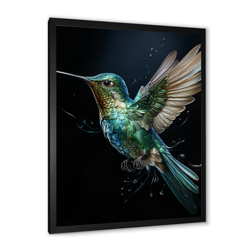 Woodleigh Teal Black Hummingbird Aérien Grace - Art mural colibri, H 32 po x l 24 po x P 1 po, Cadre simple noir