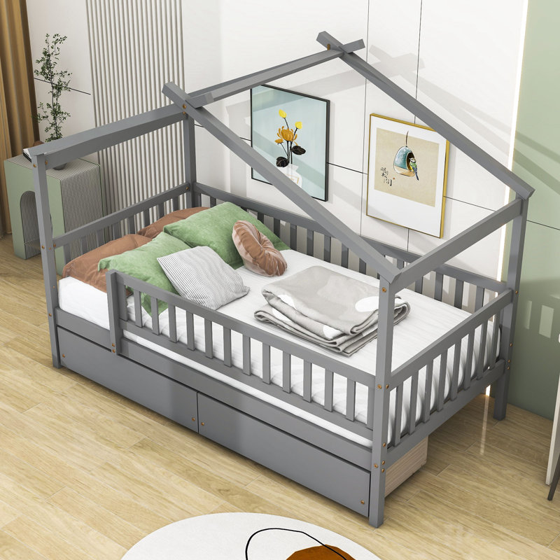 Saffir Wooden House Daybed with Two Drawers and Legs, Gray, Twin