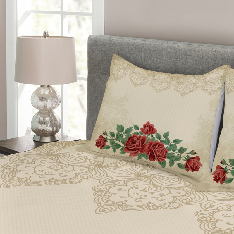 Beige/Green/Red Microfibre Bedspread Set, 220 x 264 cm