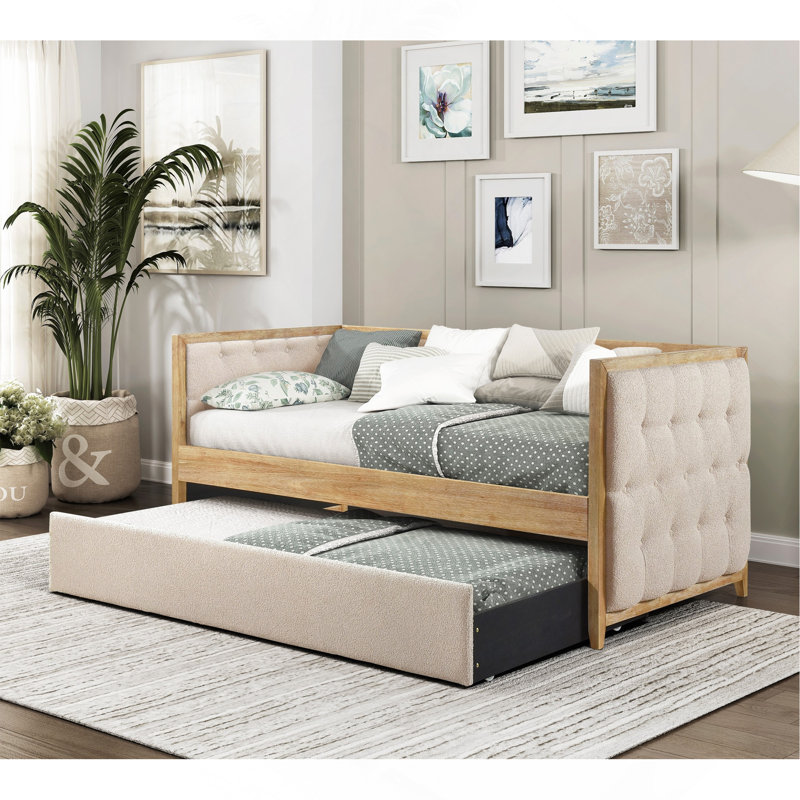 Lit de jour moderne 1pc avec lit gigogne escamotable beige Boucle touffeté chambre à coucher Mobilier de style transitionnel finition naturelle
