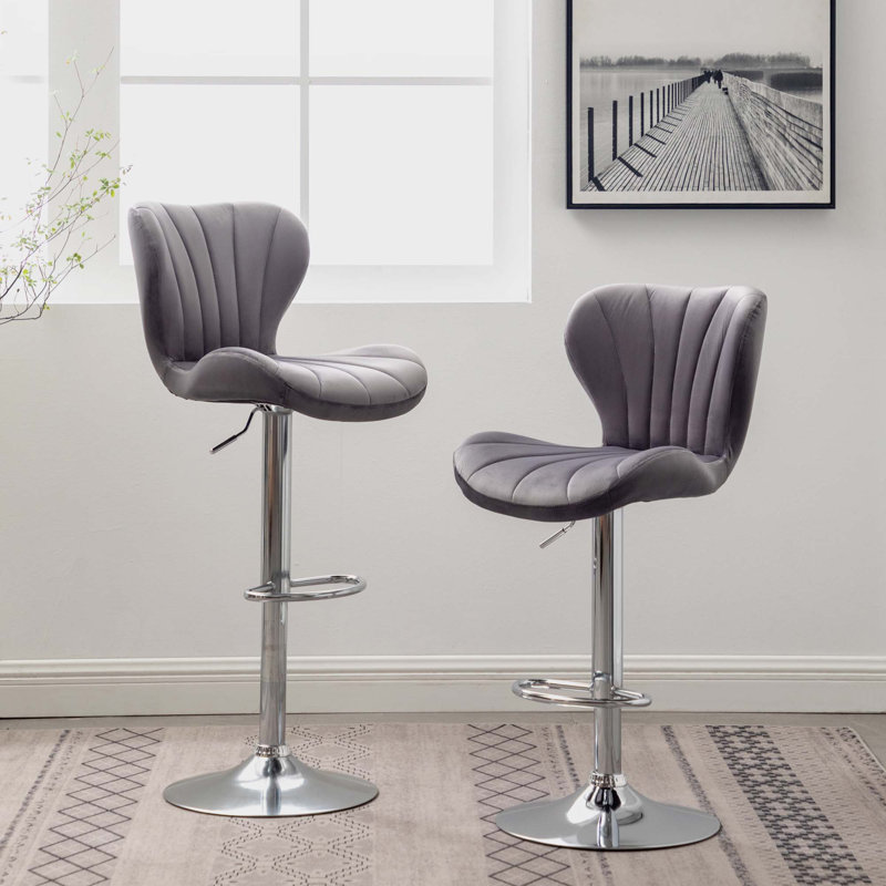 Upholstered Adjustable Swivel Barstools, Set Of 2, Grey
