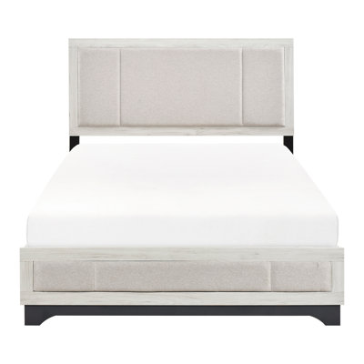 Grand lit plateforme contemporain avec finition en chêne blanc et gris à deux tons, tête de lit tapissier pour la chambre à coucher, tissu beige, assemblage simple, tissu sans sommier, utilisation dans la chambre à coucher, base
