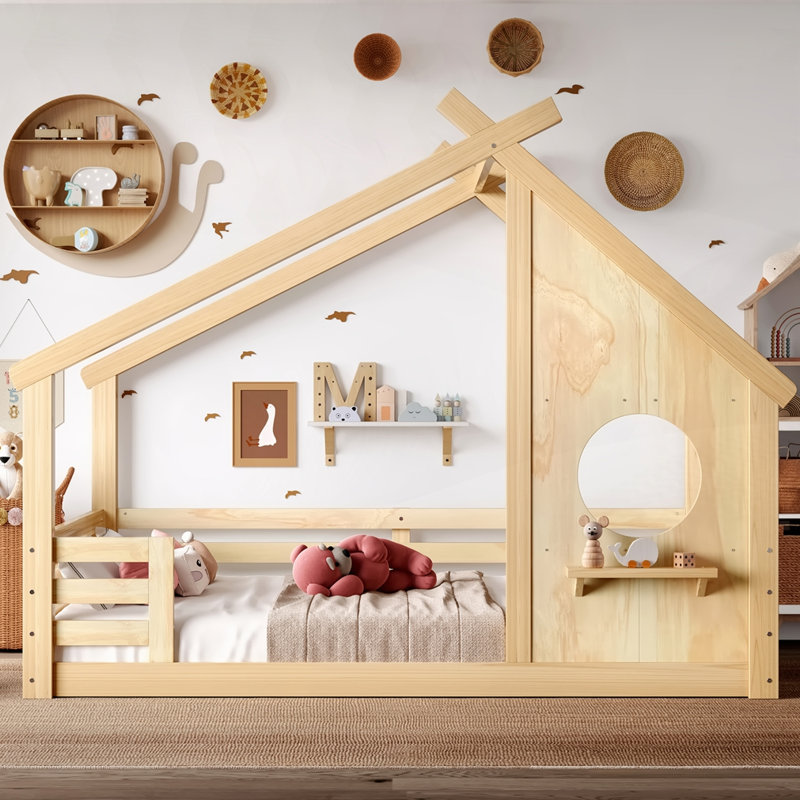 Lit House House avec fenêtre et petite tablette, Naturel, Double
