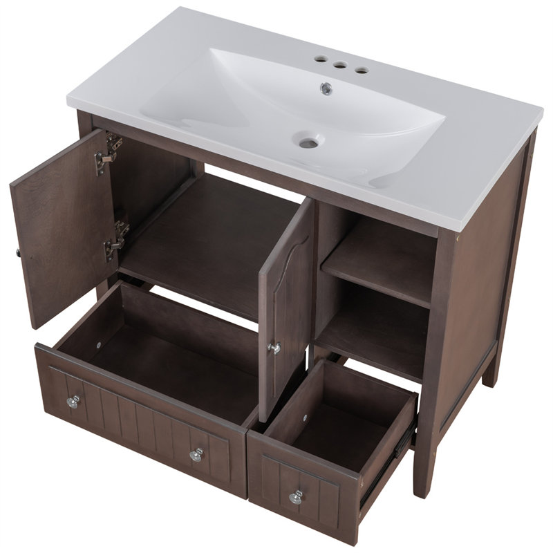 Meuble-lavabo simple 36 po avec comptoir en céramique, Brun