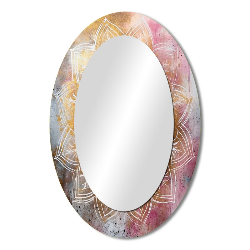 Mandala doré rose I - miroir décoratif géométrique ovale sur métal, 36 po x 24 po