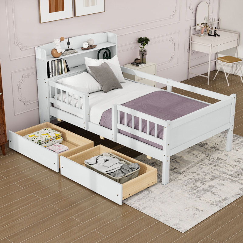 Lit plateforme simple en bois avec tablettes intégrées, éclairage à DEL et ports de charge, Blanc