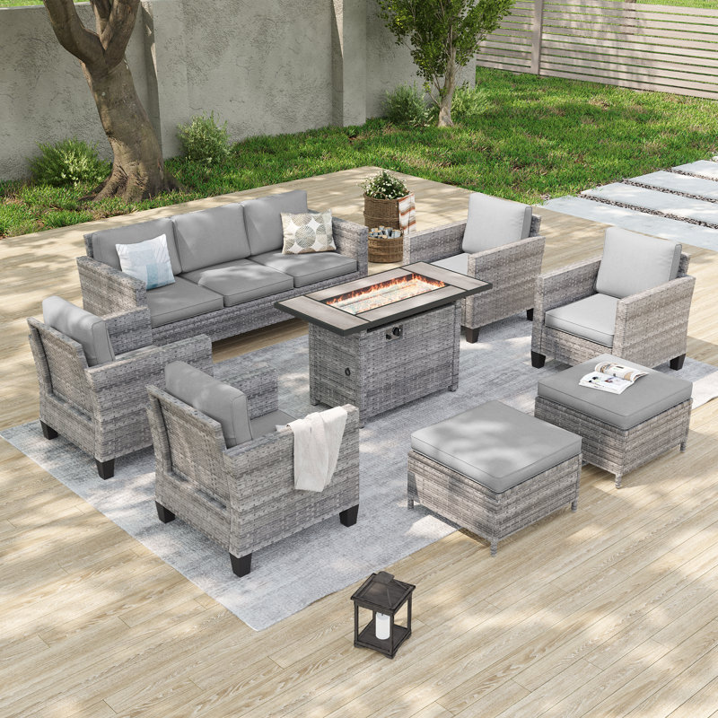 8-Pieces Patio Sofa Sets with 45'' Fire Pit Table, PE Rattan Wicker for Patio , Deck and Yard, Gray, Gray