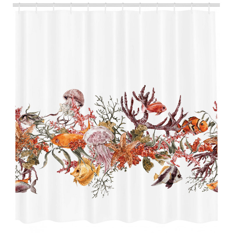 Ensemble de rideau de douche et crochets sea animaux, H 70 po x l 69 po