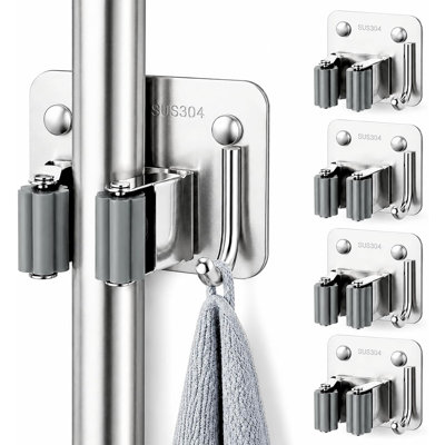Lot de 4 supports muraux pour balais, support robuste pour balais-serpillères avec crochets, organisateur d'outils adhésifs ou à visser pour la cuisine, la buanderie et le garage, compatible avec les manches de râteaux et de pelles