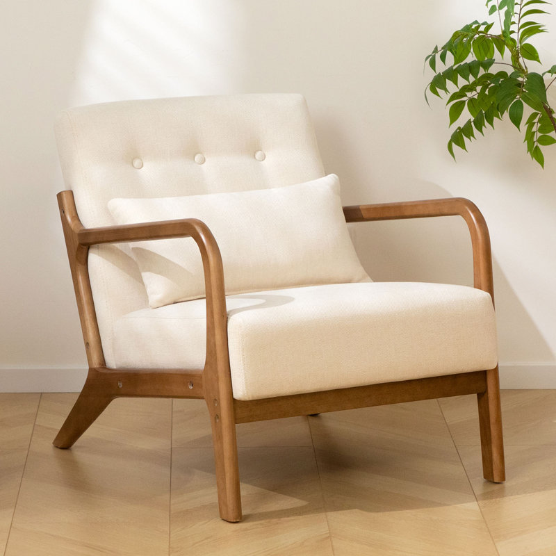 Walthill 63 cm Modern Scandinavian Solid Wood Armchair, Beige, Linen Blend