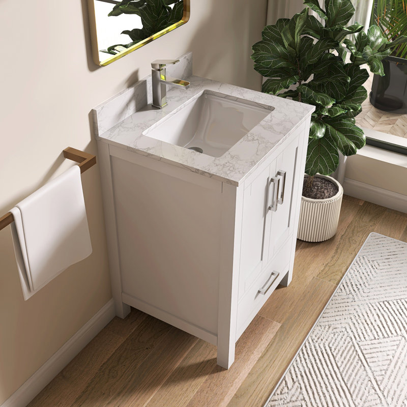 Aura 24'' Fully Assembled Single Bathroom Vanity With Solid Surface White Granite Top and Backsplash, 24"