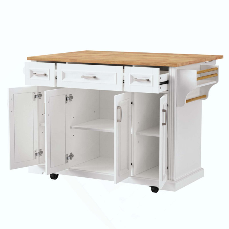 Kitchen Island With Rubber Wood Drop Leaf, Embossed Texture Rolling Kitchen Cart On 4 Wheels With 4 Doors And 3 Drawers, Kitchen Island With Storage For Kitchen, Dining Room