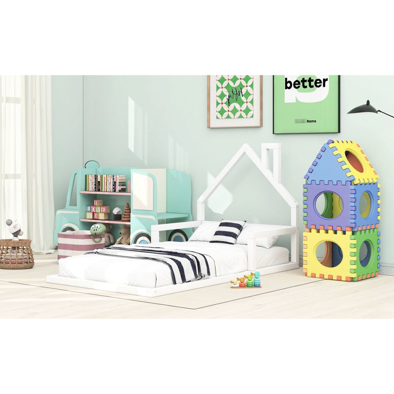 Lit simple au sol en bois, blanc - tête de lit en forme de maison pour lit confortable avec tête de lit attrayante, pin massif et bois massif, chambre chaude