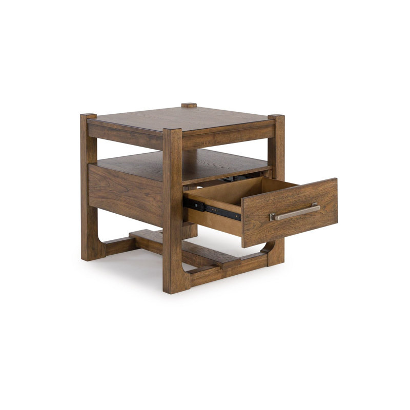 Table de bout carrée d'appoint Cabal, tiroir, tablette, bois brun clair, 24 po