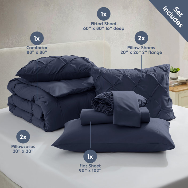 Ensemble d'édredon plissé avec draps Bed-in-a-Bag, Édredon de grande taille et 6 pièces supplément, Bleu marine