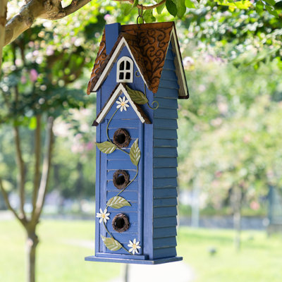 Oversized 3-Tiered Solid Wood Villa Birdhouse, 24.25"H-Blue