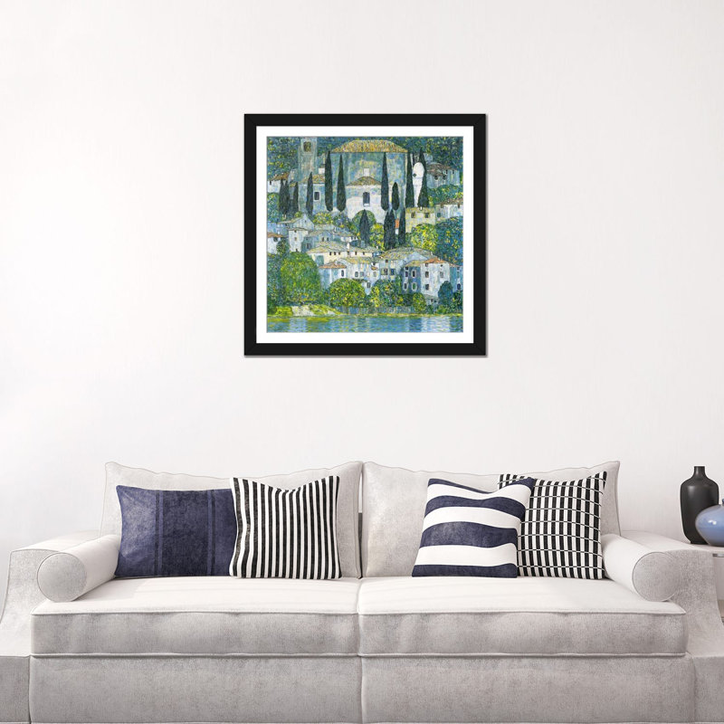 «Kirche in Cassone» par Gustav Klimt, reproduction d'art sur toile, H 24 po x l 24 po x P 1 po, Papier avec cadre noir, Blanc