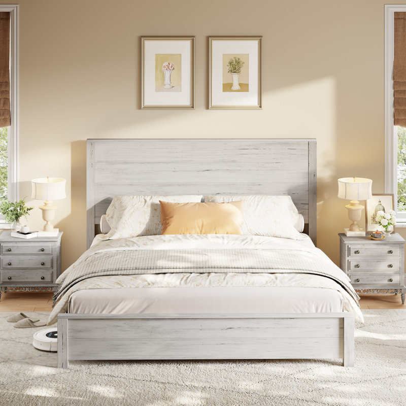 Solid Wood Platform Bed, Rustic Bed Frame With 51.2" Tall Slatted Headboard, Wooden Slats & Metal Support, No Box Spring Needed/noise Free