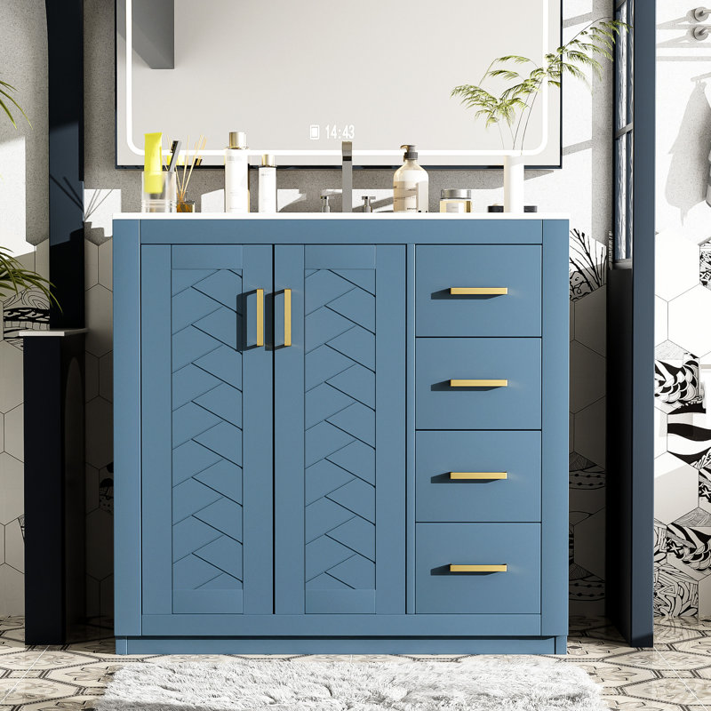 Meuble-lavabo de 36 pouces, lavabo en céramique, structure en bois massif, 3 tiroirs, portes à fermeture douce, planches, rangement spacieux, produits, design rétro, poignées exquises, motif à rainure unique, tiroir lisse