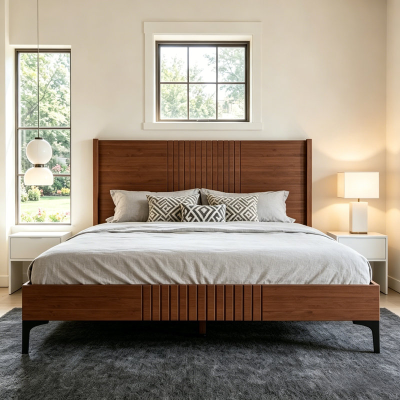 Queen Size Mid-Century Modern Bamboo Platform Bed Frame with Rounded Corner Headboard, Solid Wood Slat Support, No Box Spring Needed, Brown.