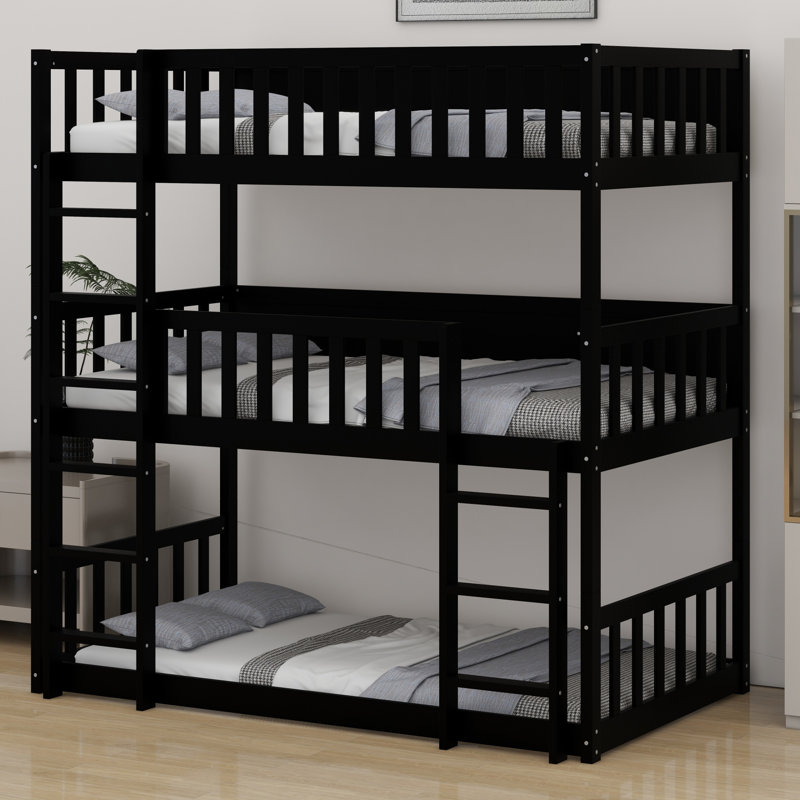 Triple Wood Bunk Bed, With Ladders, Guardrails Detachable Bunk Bed, Black