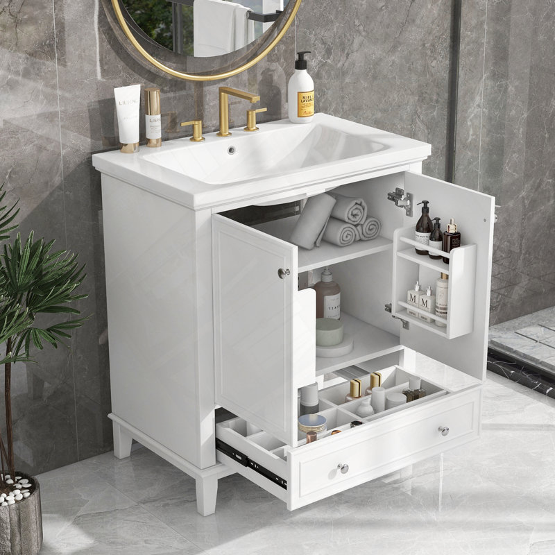 Ensemble de meuble-lavabo de salle de bain avec lavabo et porte d'armoire multifonctionnelle, Blanc