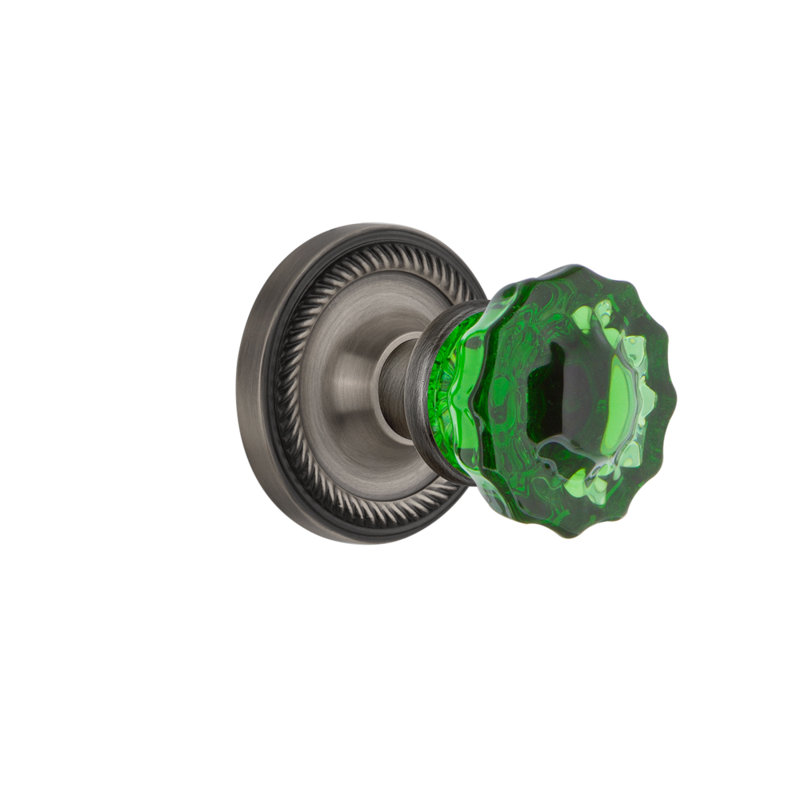 Rope Rosette with Crystal Emerald Door Knob, Antique Pewter