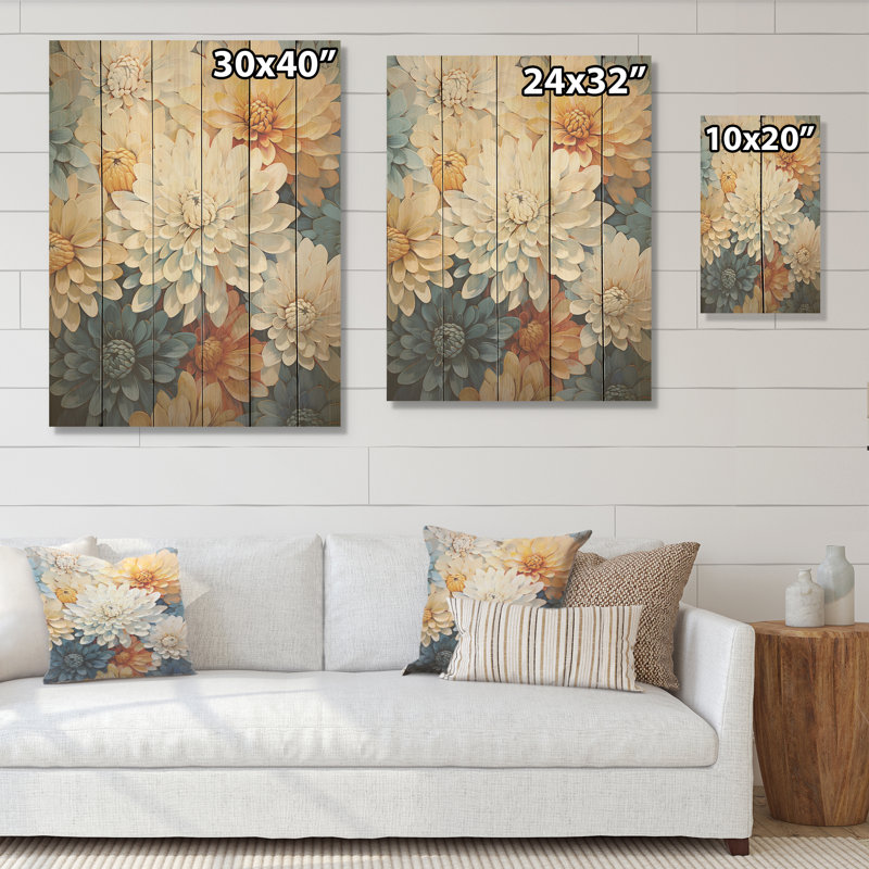 «Blue and White Mums Flowers Elegance I - Mums», art sur bois de pin naturel, H 40 po x l 30 po