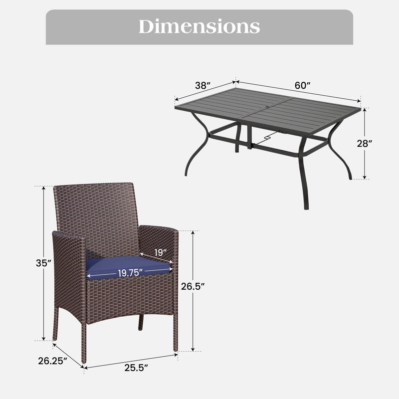 8-Piece Metal Steel Outdoor Rattan Wicker Dining Set With Umbrella, Navy Blue Cushions, Rectangular Dining Table, Beige