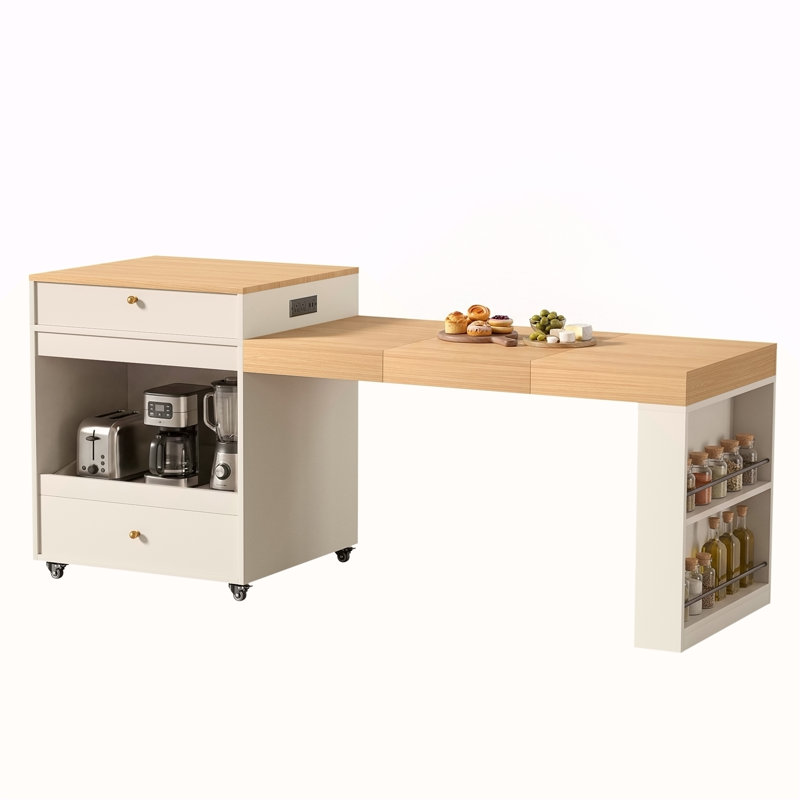 78.8" Rolling Kitchen Island With 3-Stage Extendable Dining Table (Seats 6-8), Built-In Power Outlet, Ample Storage Drawers & Cabinets, Mobile On Wheels - High-Density MDF, Easy Assembly