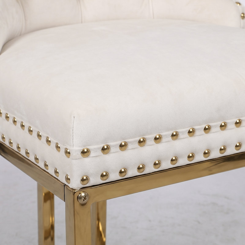 26" Modern Counter Height Barstools with Tufted and Nailhead Trim, Ivory Seat/ Gold Frame