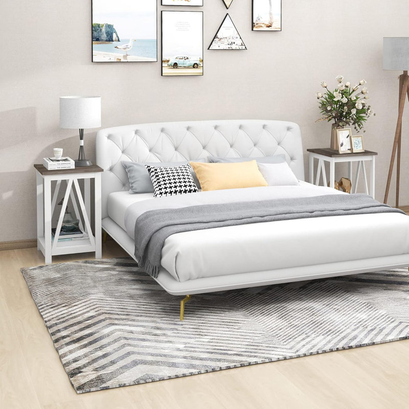 Square End Table, Accent Side Table With Slats Design, Sofa Side Nightstand Table With Sturdy Frame For Living Room Bedroom
