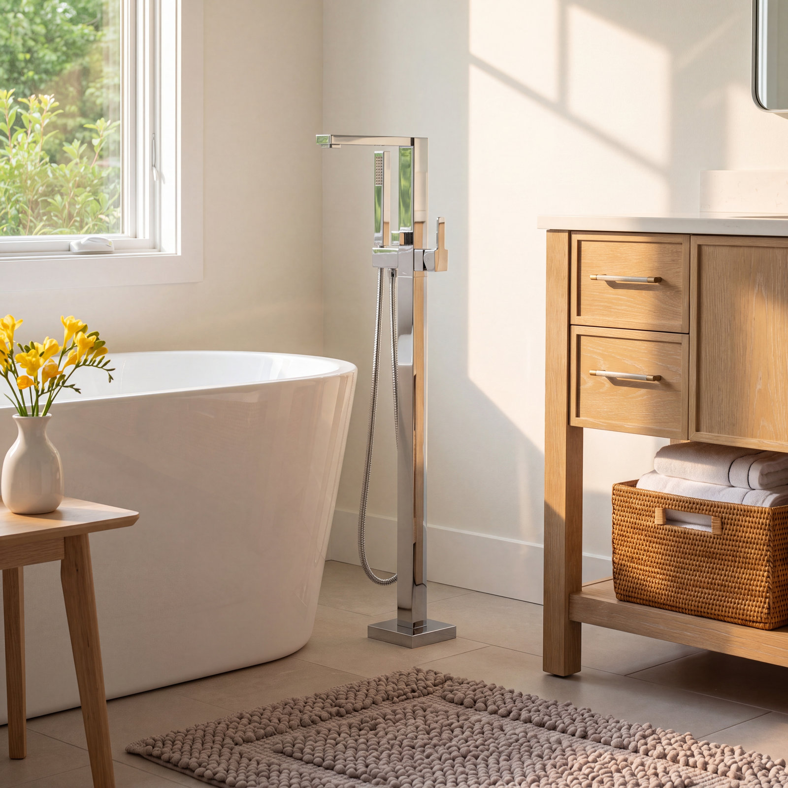 90 Degree Freestanding Tub Faucet with Hand Shower, Chrome