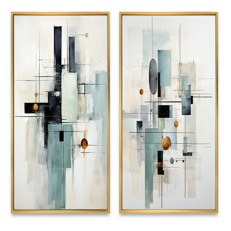 «Grey Suprematism Geometric Symphony», 2 pièces, H 20 po x l 24 po, Encadrement doré