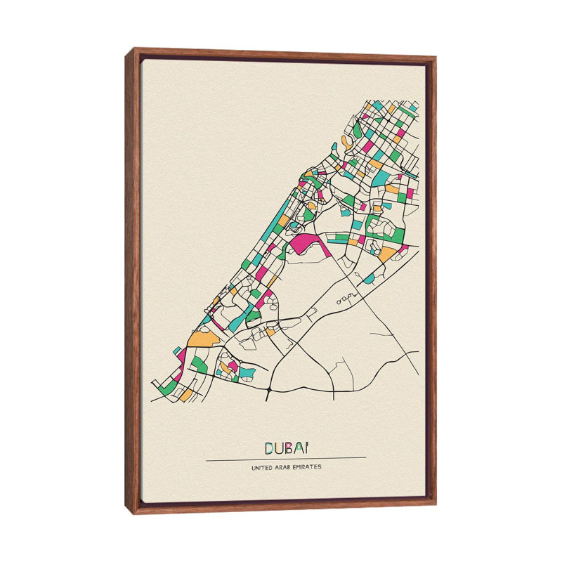 Dubai, United Arab Emirates Map by Ayse Deniz Akerman - Floater Frame Print on Canvas, Brown Floater Frame