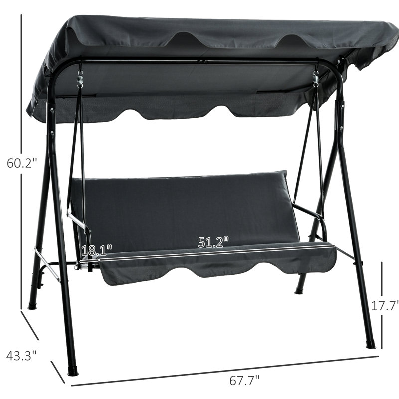 Balancelle de patio réglable pour 3 personnes à baldaquin pour les espaces extérieurs, au bord de la piscine et dans la cour, rembourrée, baldaquin, support en acier, assemblage requis avec balcon inclinable, sièges confortables
